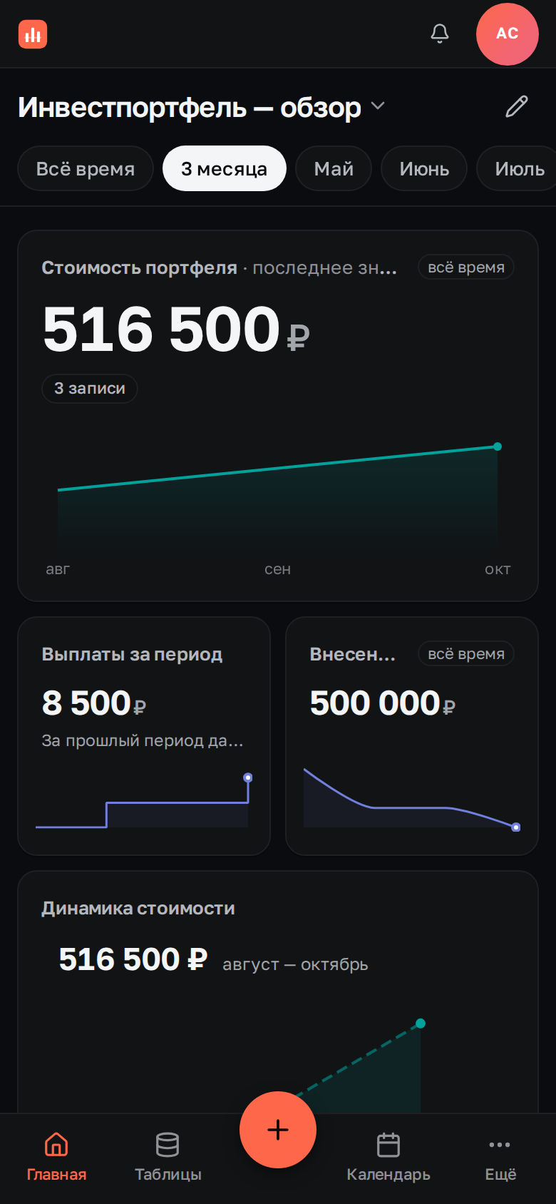 Мобильная главная: дашборд с виджетами и нижняя панель навигации